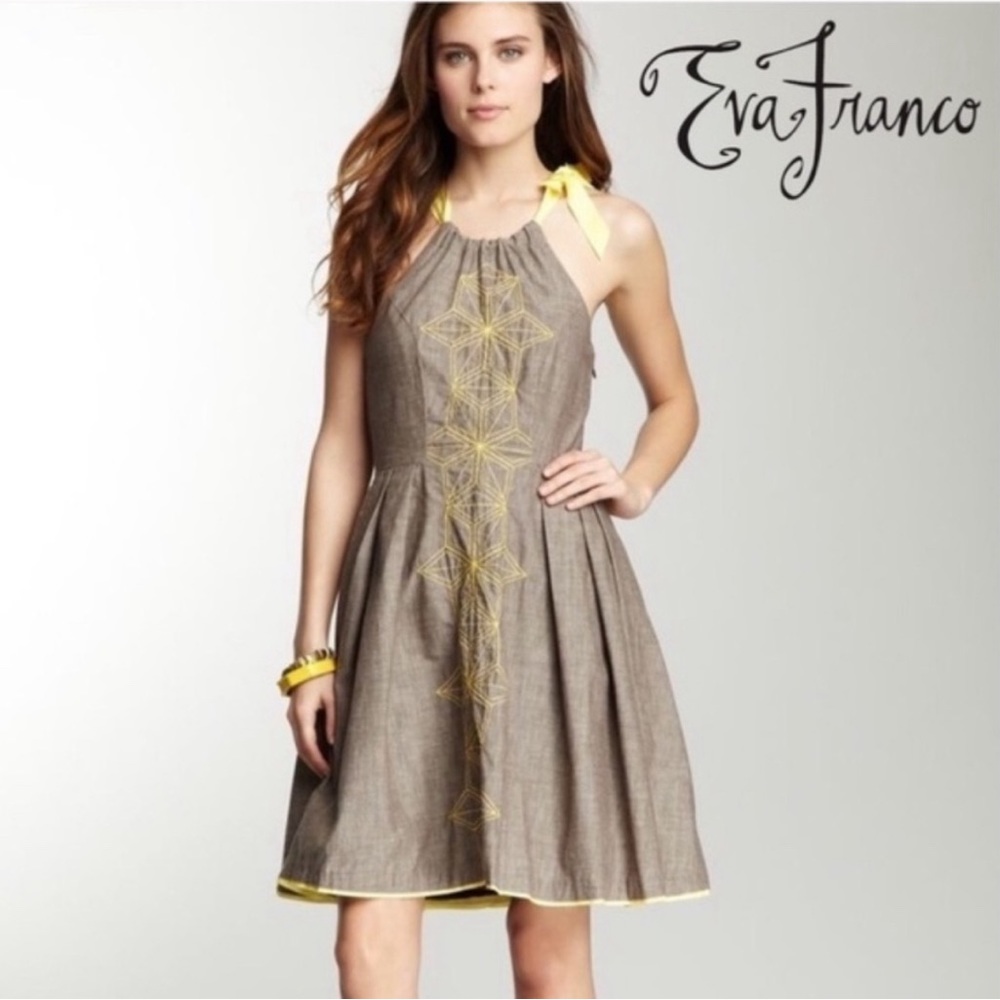 Eva Franco/Anthropologie Denim Halter Dress with Yellow Embroidery 2